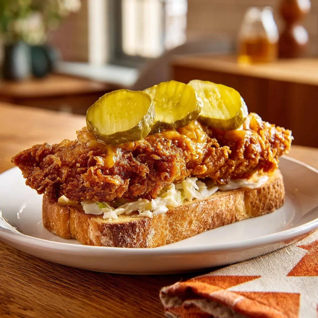 Famous spicy fried chicken cutlets served open-faced on toast with coleslaw and pickle slices.