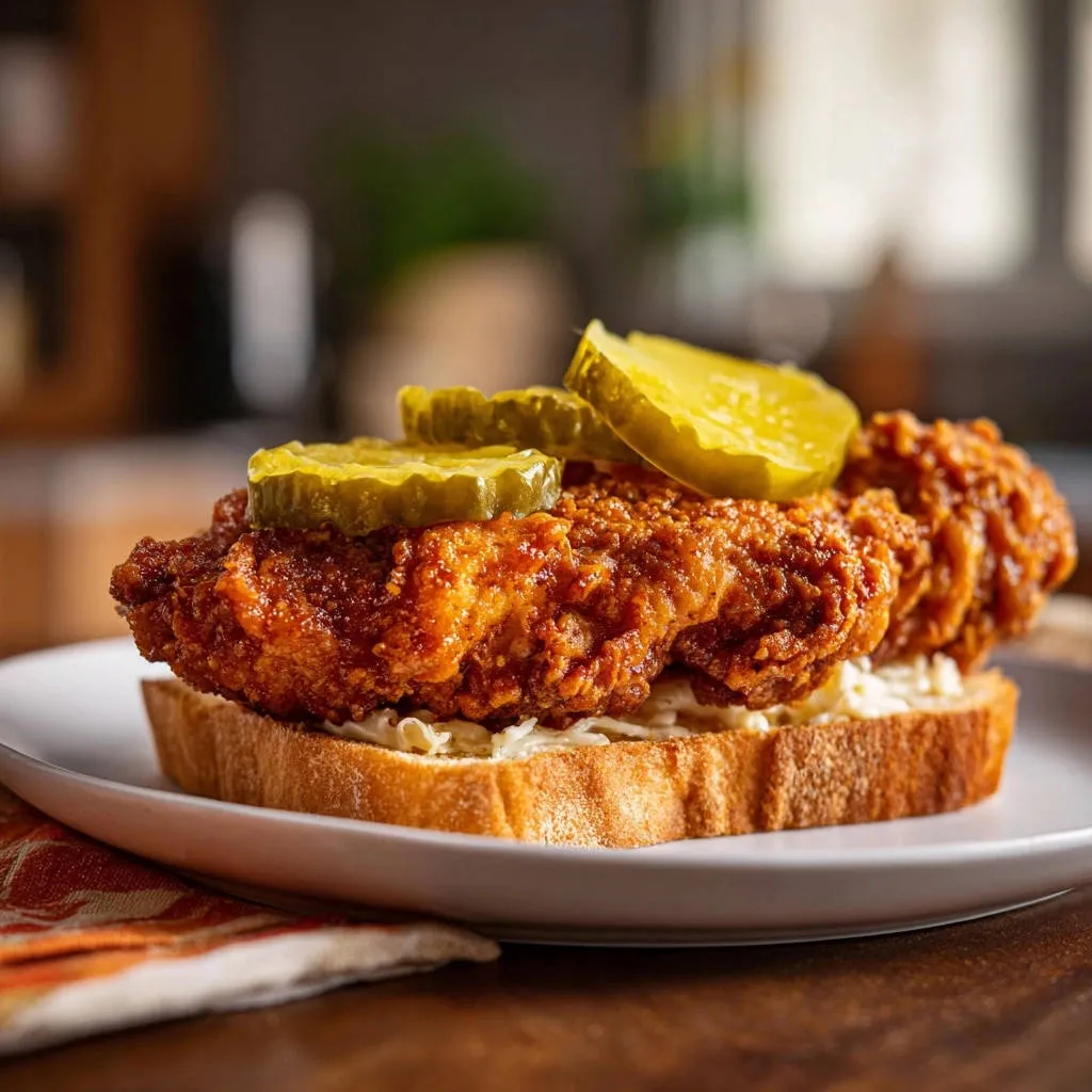 Famous spicy fried chicken cutlets served on a bun with pickles, presented on a plate with a close-up detail.
