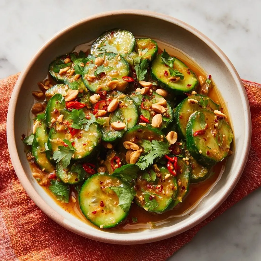 Spicy Peanut Cucumber Salad close-up in a bowl, garnished with cilantro and peanuts.