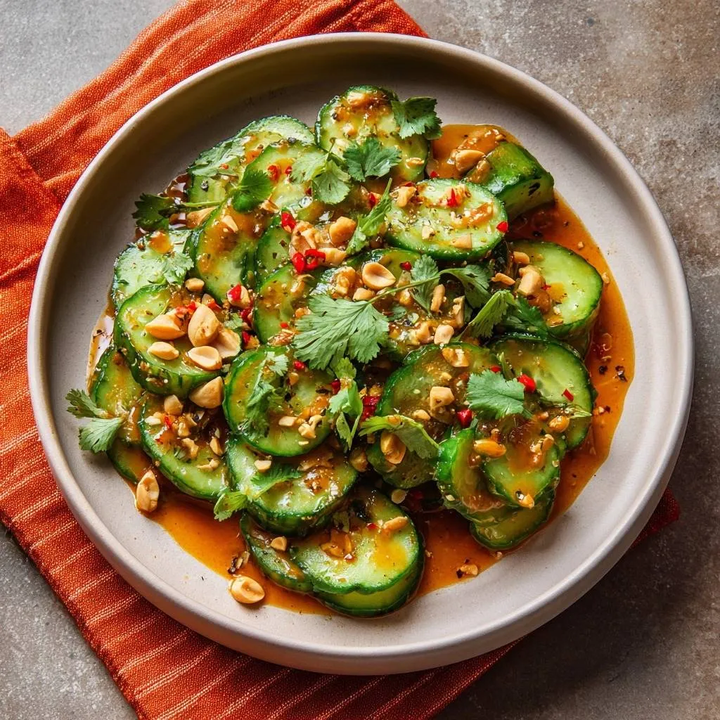 Spicy Peanut Cucumber Salad plated overhead, showcasing sliced cucumbers with a spicy peanut dressing and fresh cilantro garnish.