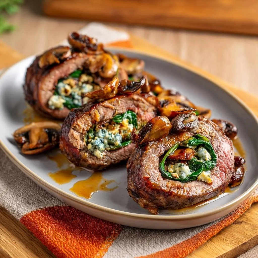 Spinach blue cheese beef rolls shown in a close-up cross-section revealing the tender filling and juicy steak.