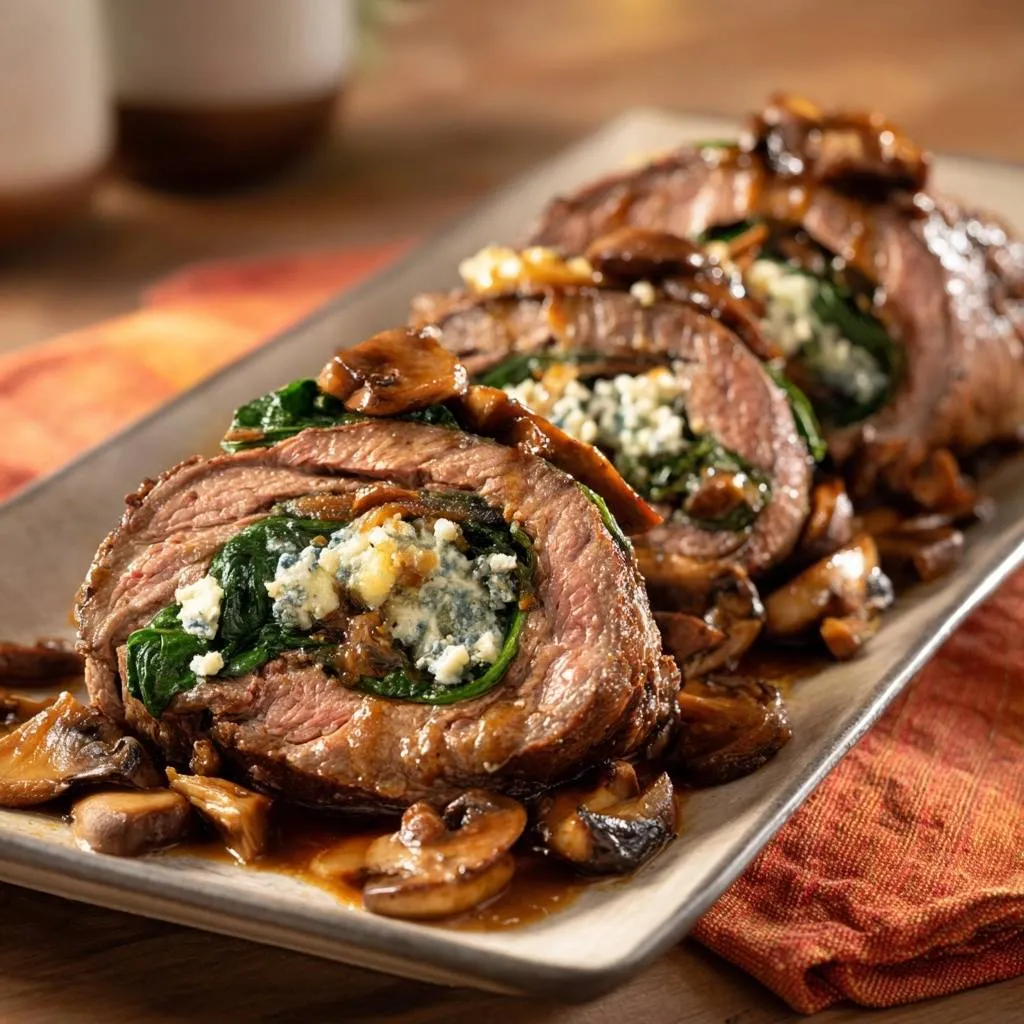 Spinach blue cheese beef rolls sliced to reveal a savory filling of spinach and blue cheese with mushrooms.