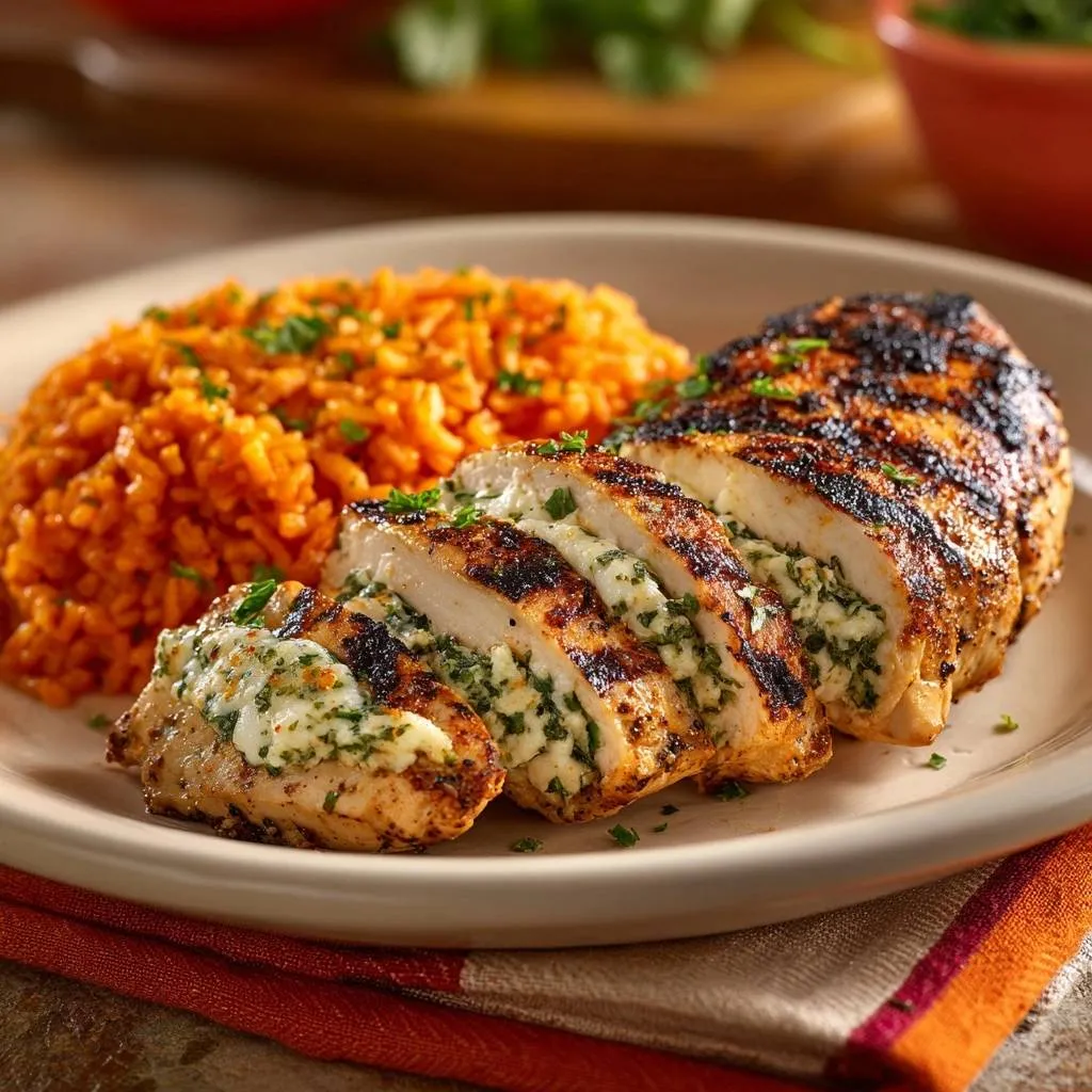 Spinach cheese stuffed grilled chicken with red rice shown in a close-up cross-section revealing the creamy filling.