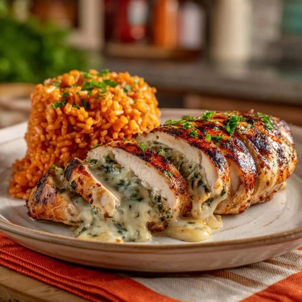 Spinach cheese stuffed grilled chicken with red rice, shown in a close-up cross-section revealing the creamy filling.