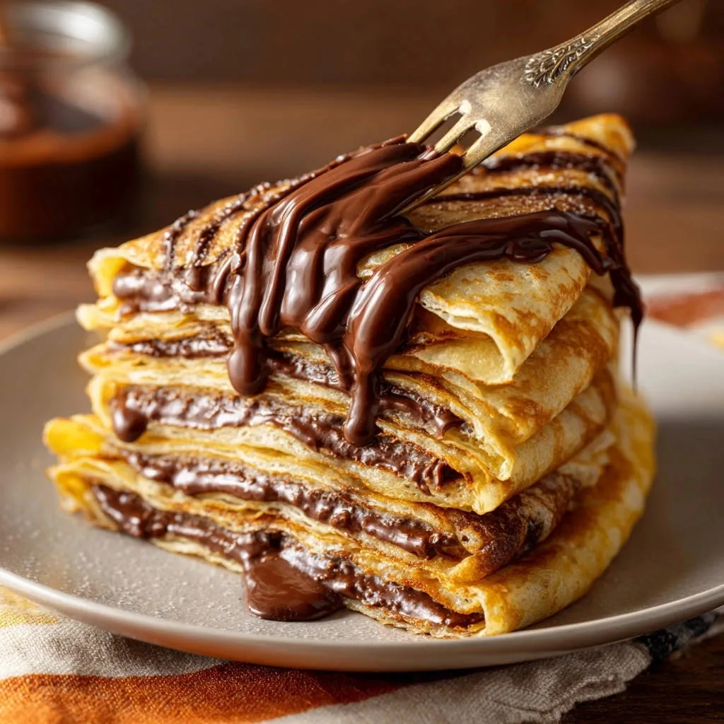 Stacked chocolate dessert crepes with a fork lifting a piece covered in silky chocolate topping.