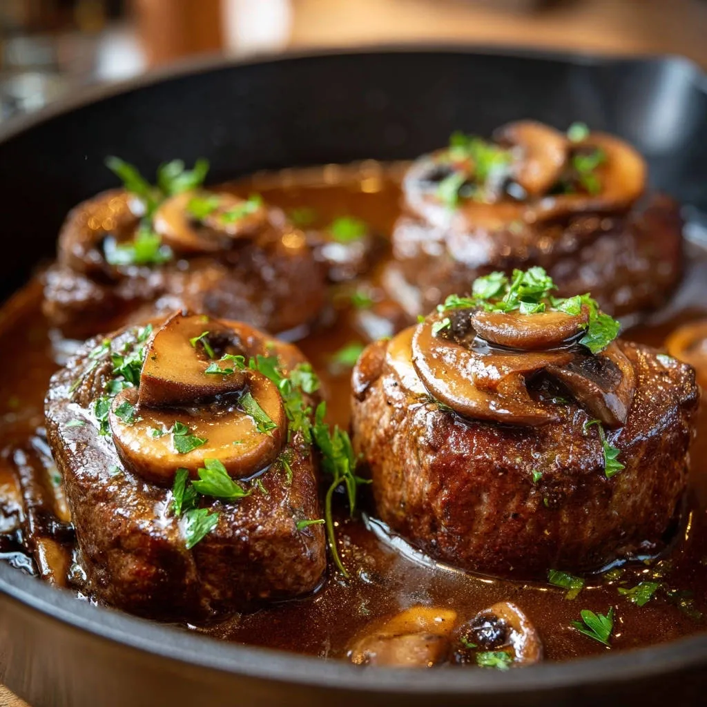 Restaurant quality steak medallions with mushroom sauce served in a skillet, topped with sliced mushrooms and fresh parsley.