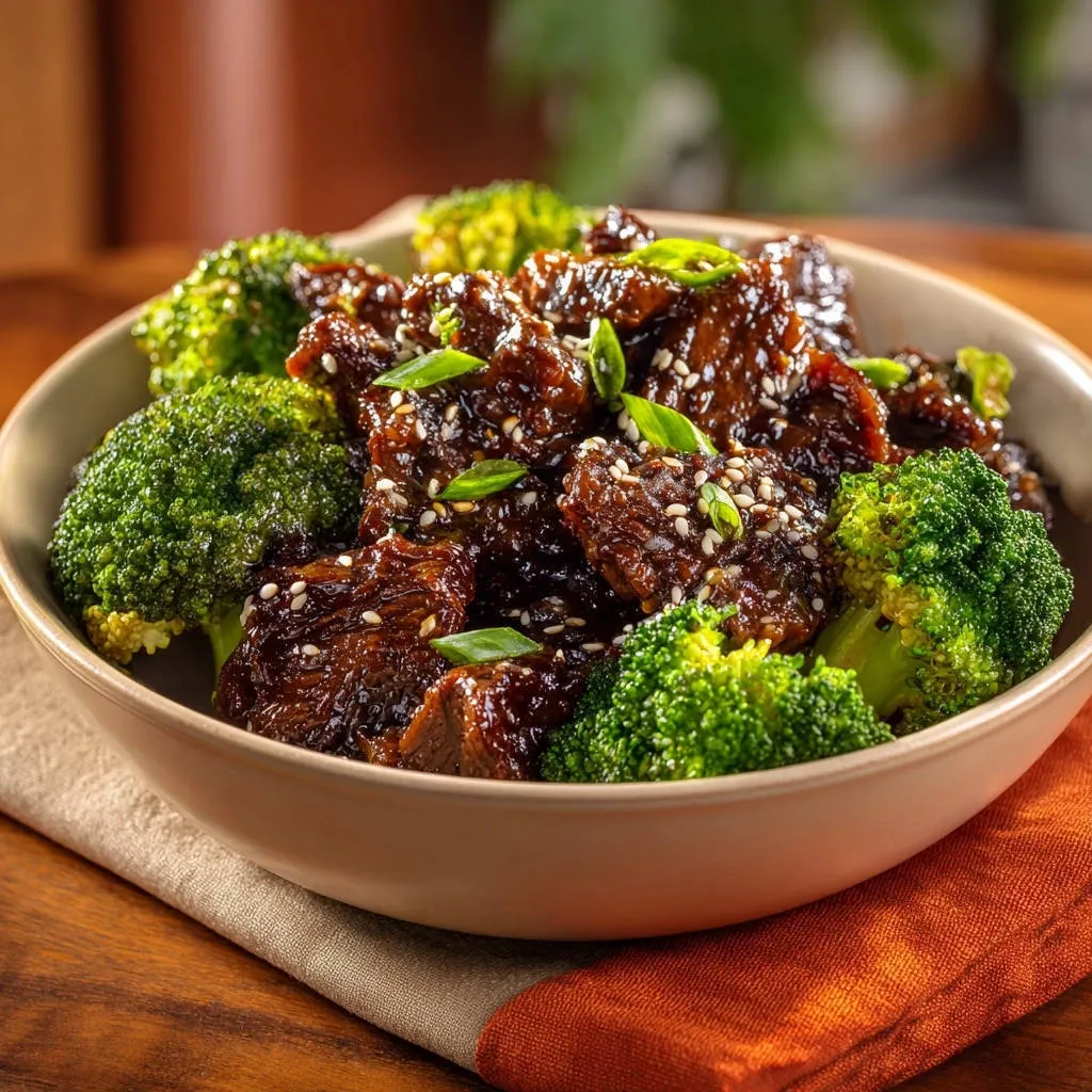 Sticky garlic beef and broccoli served in a bowl, showcasing the glossy glaze and fresh florets.
