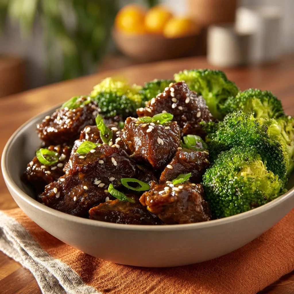Sticky garlic beef and broccoli in a bowl, garnished with sesame seeds and green onions, with a close-up view.