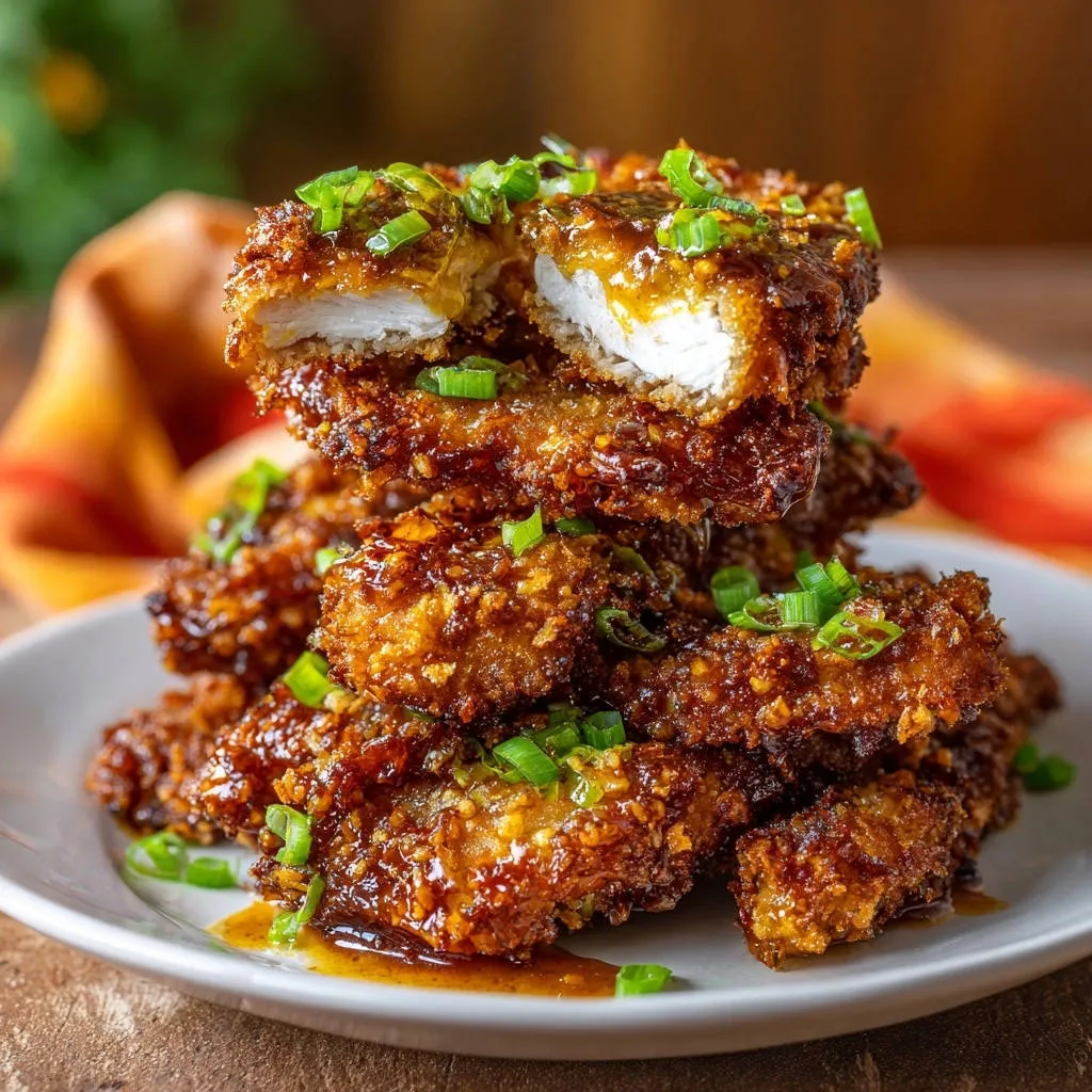 Sticky garlic ginger crispy chicken tenders shown in a close-up cross-section revealing the tender interior.
