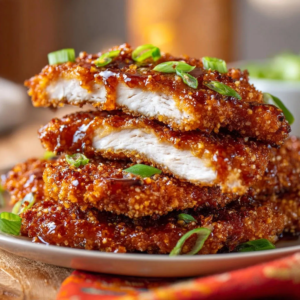 Sticky garlic ginger crispy chicken tenders shown in a cross-section, revealing the tender white meat and golden breading.