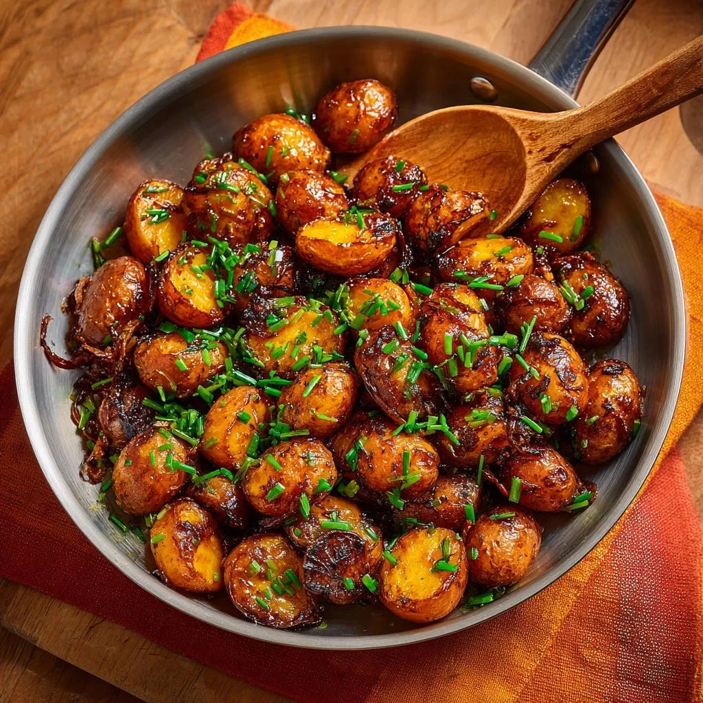 Sticky garlic glazed baby potatoes in a skillet, garnished with chives, shown from an overhead view.