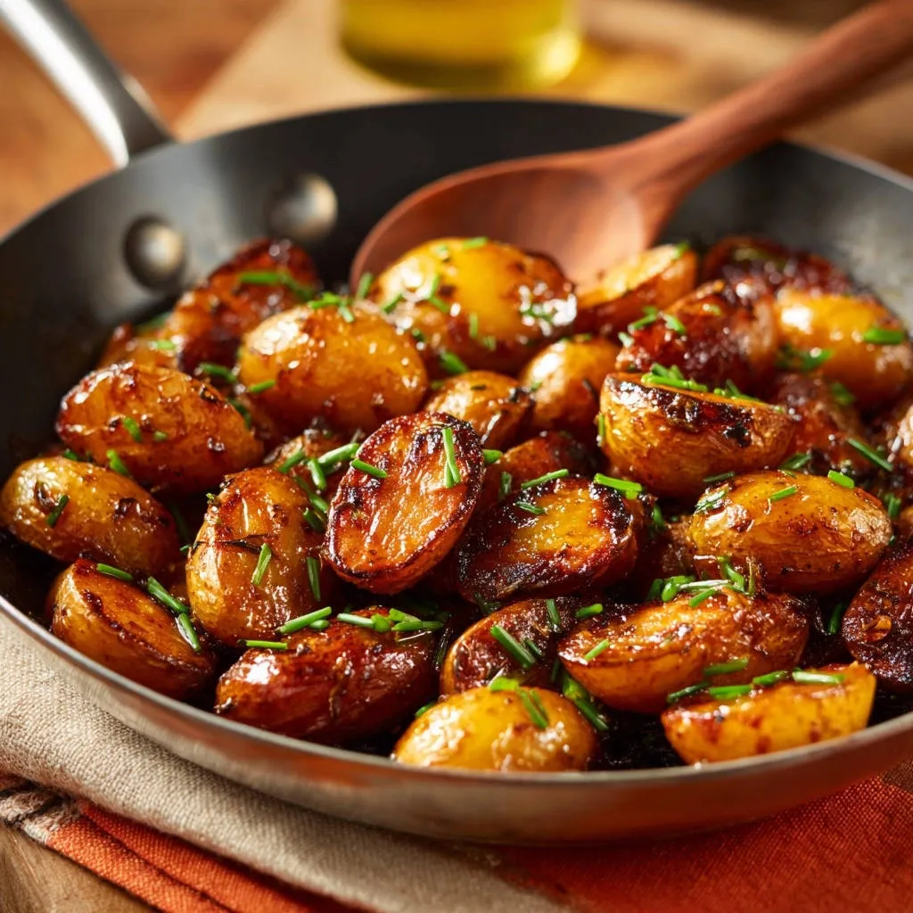 Sticky garlic glazed baby potatoes in a skillet, showcasing their caramelized exterior and fresh chive garnish.