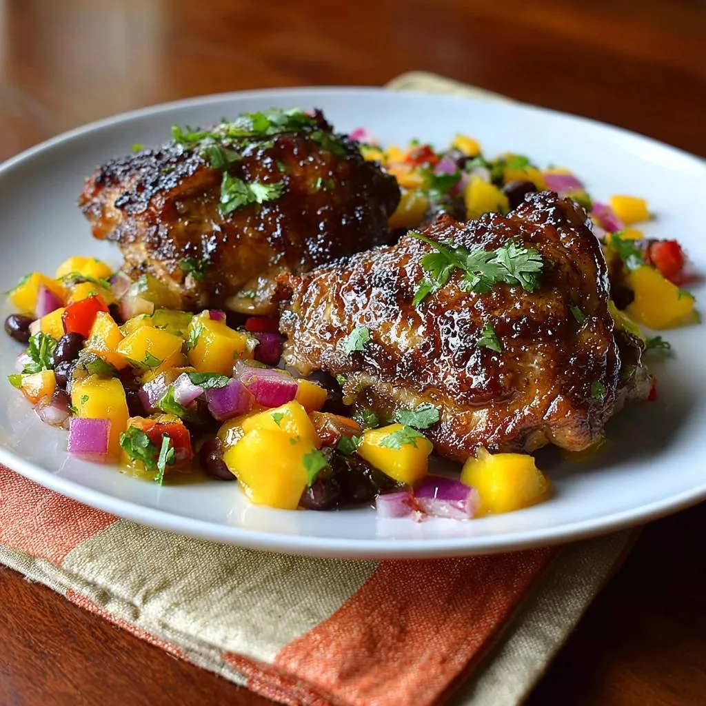 Sticky glazed chicken thighs with mango black bean salsa, plated with a close-up view of the glistening glaze and fresh salsa.