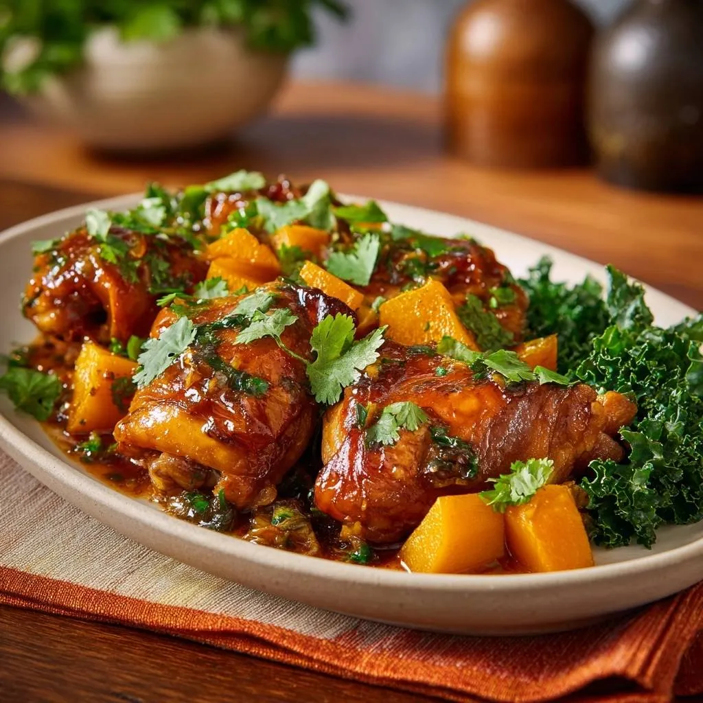 Sticky glazed chicken thighs with pumpkin and kale served on a platter with a side of kale.