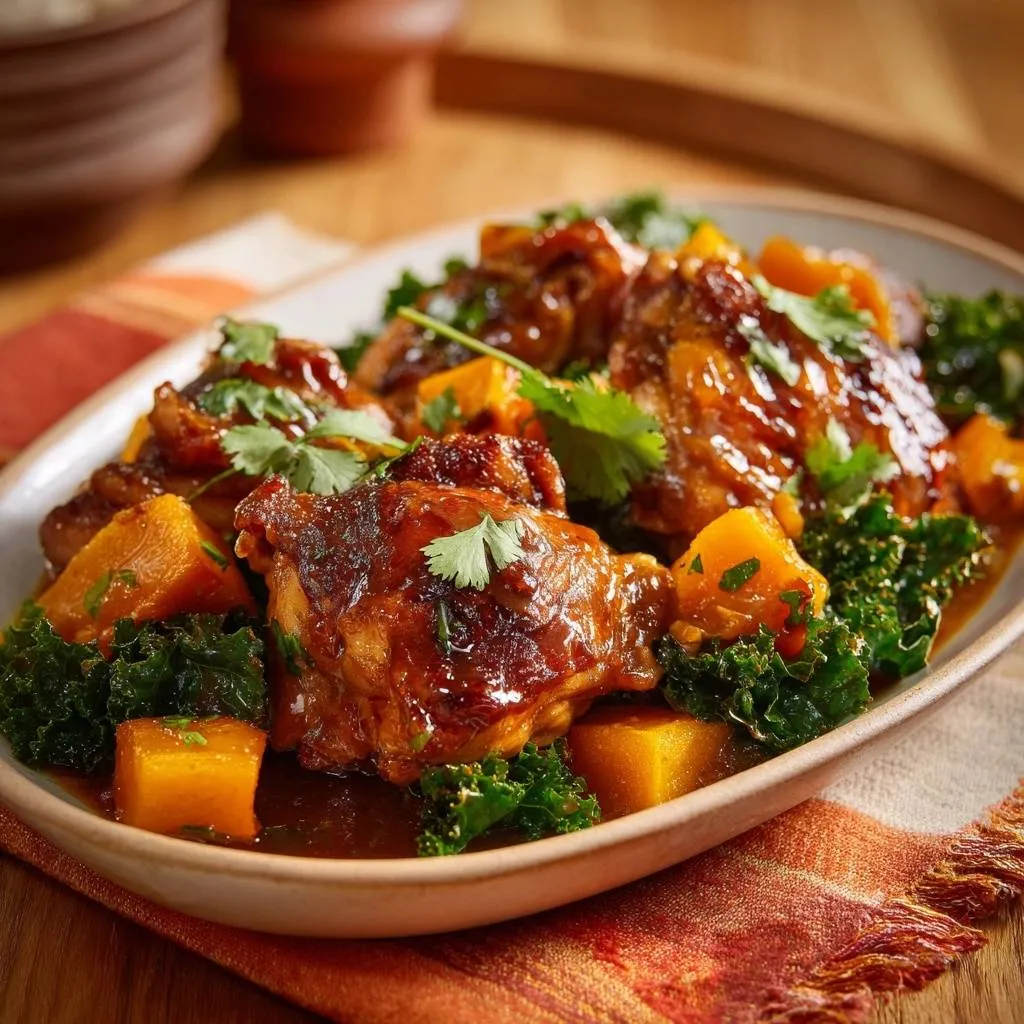 Sticky glazed chicken thighs with pumpkin and kale served on a white plate, garnished with cilantro.