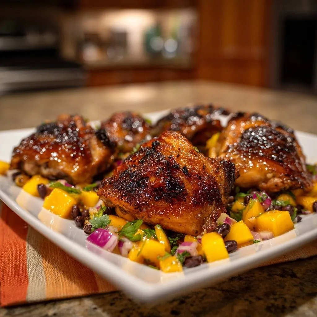 Sticky Glazed Chicken Thighs with Mango Black Bean Salsa - recipe image