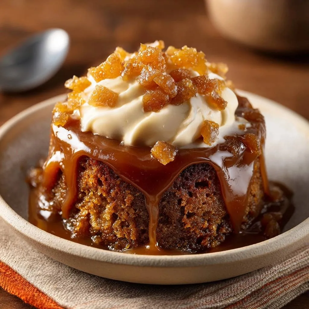 Sticky toffee pudding with a generous caramel drizzle and candied ginger topping, showcasing its moist texture.
