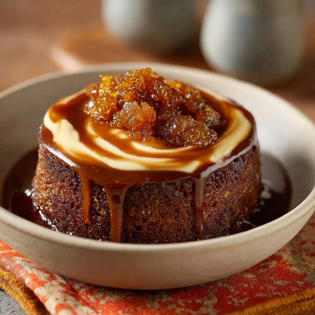Sticky toffee pudding with a swirl of cream and drizzled caramel sauce, topped with candied ginger.