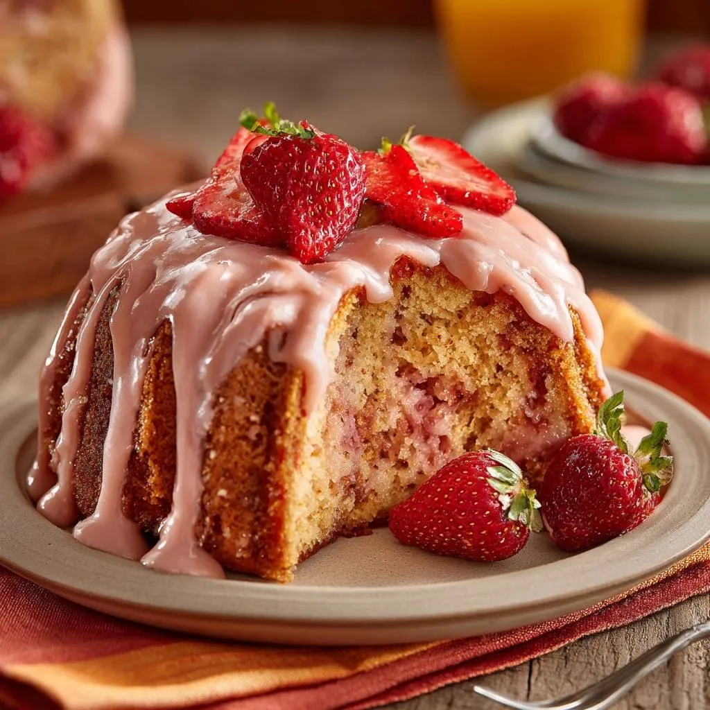 Strawberry Peach Bundt Cake with a close-up cross-section showing the tender crumb and fresh fruit pieces.