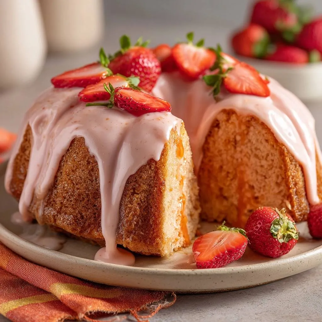 Strawberry Peach Bundt Cake with a cross-section showing the interior, topped with glaze and fresh strawberries.