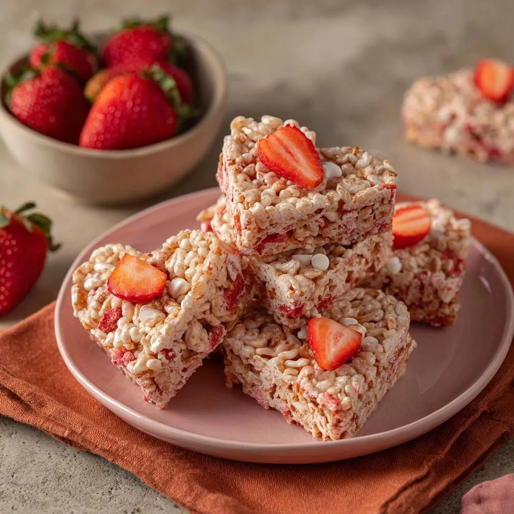 Strawberry Rice Krispie Treat Hearts recipe shown stacked on a pink plate with fresh strawberries and marshmallows.
