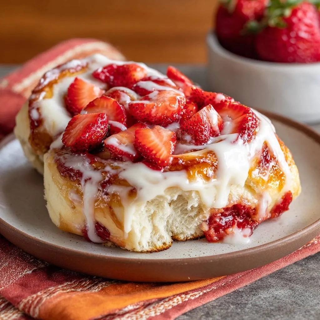 Strawberry rolls with no-soggy filling shown in a close-up view of a partially eaten roll revealing the interior.