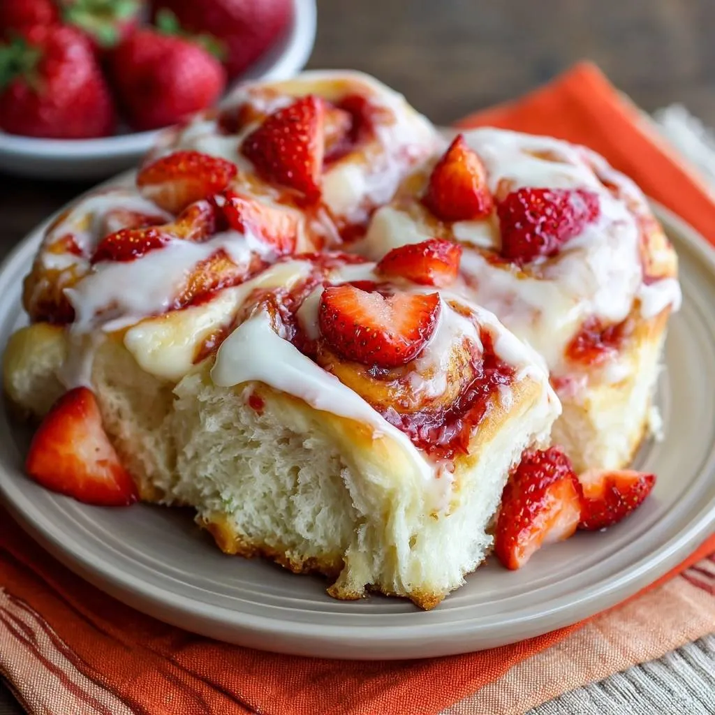 Strawberry rolls with no-soggy filling shown in a close-up cross-section revealing a fluffy interior and topped with white glaze and fresh strawberries.