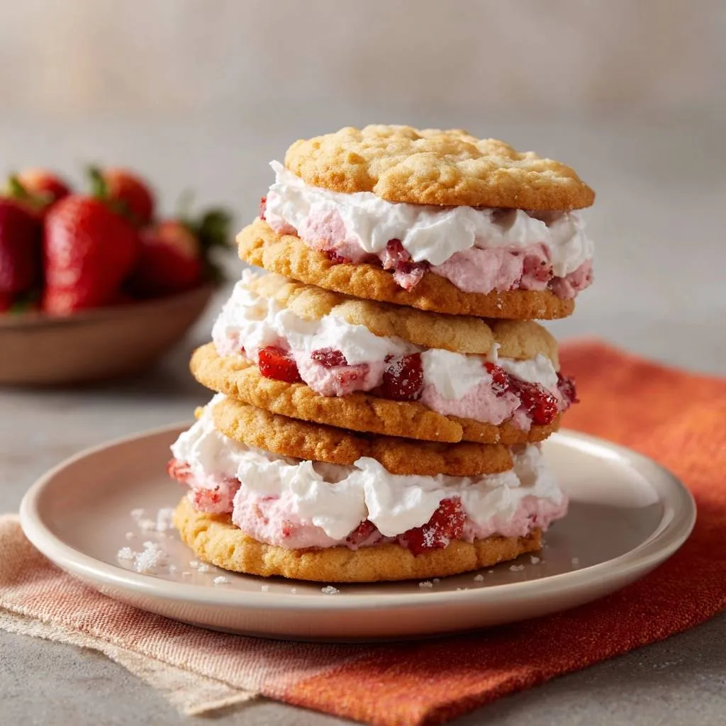 Strawberry shortcake cookie stacks, a close-up view showcasing the layers of cookies and strawberry cream filling.
