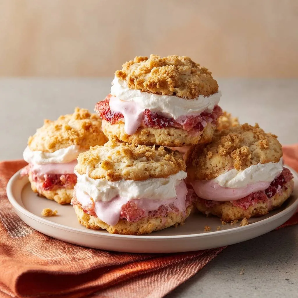 Strawberry shortcake cookie stacks are stacked on a plate, showcasing their creamy filling and fresh strawberries.