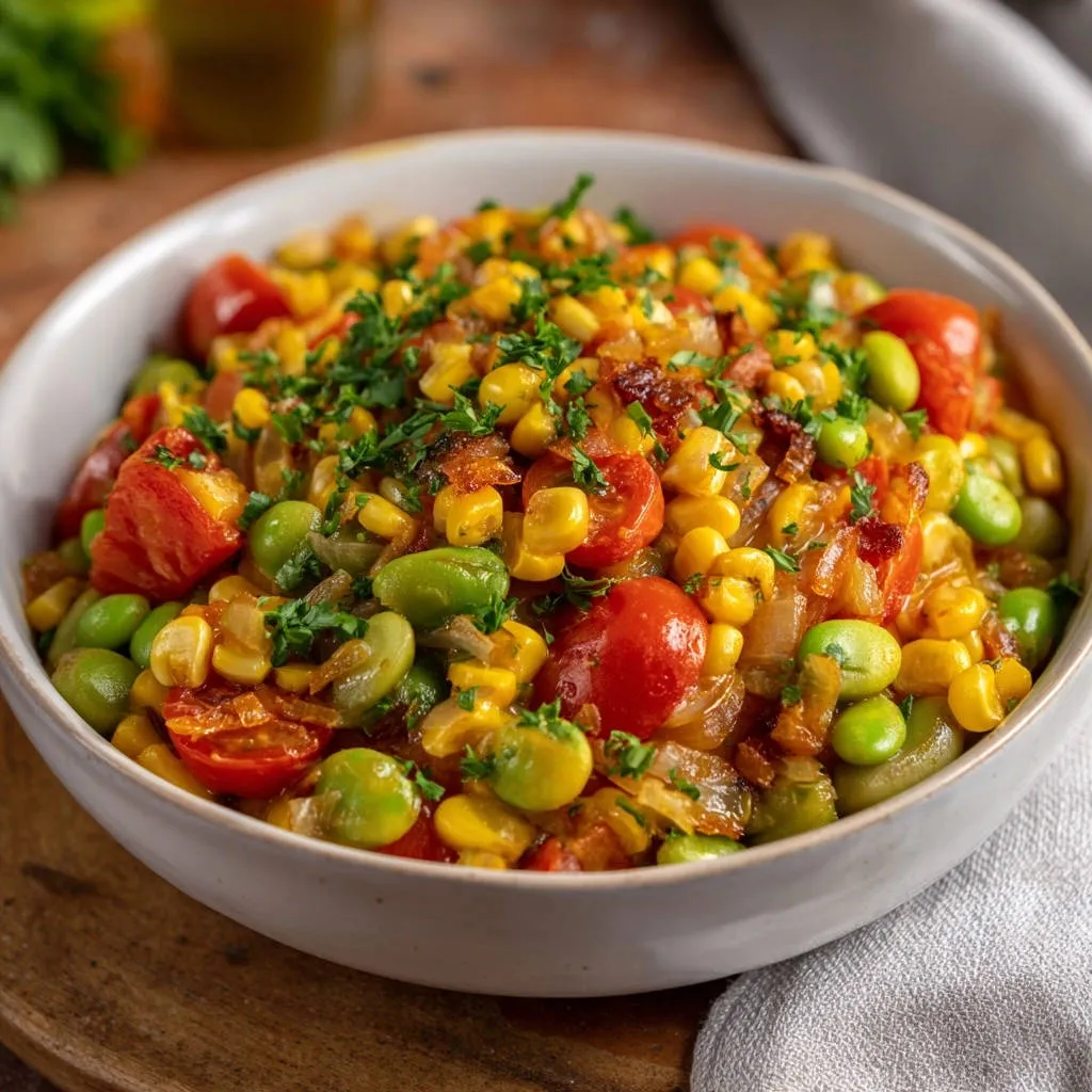 Classic Summer Succotash served in a white bowl, showing a close-up view of corn, edamame, and tomatoes with a parsley garnish.
