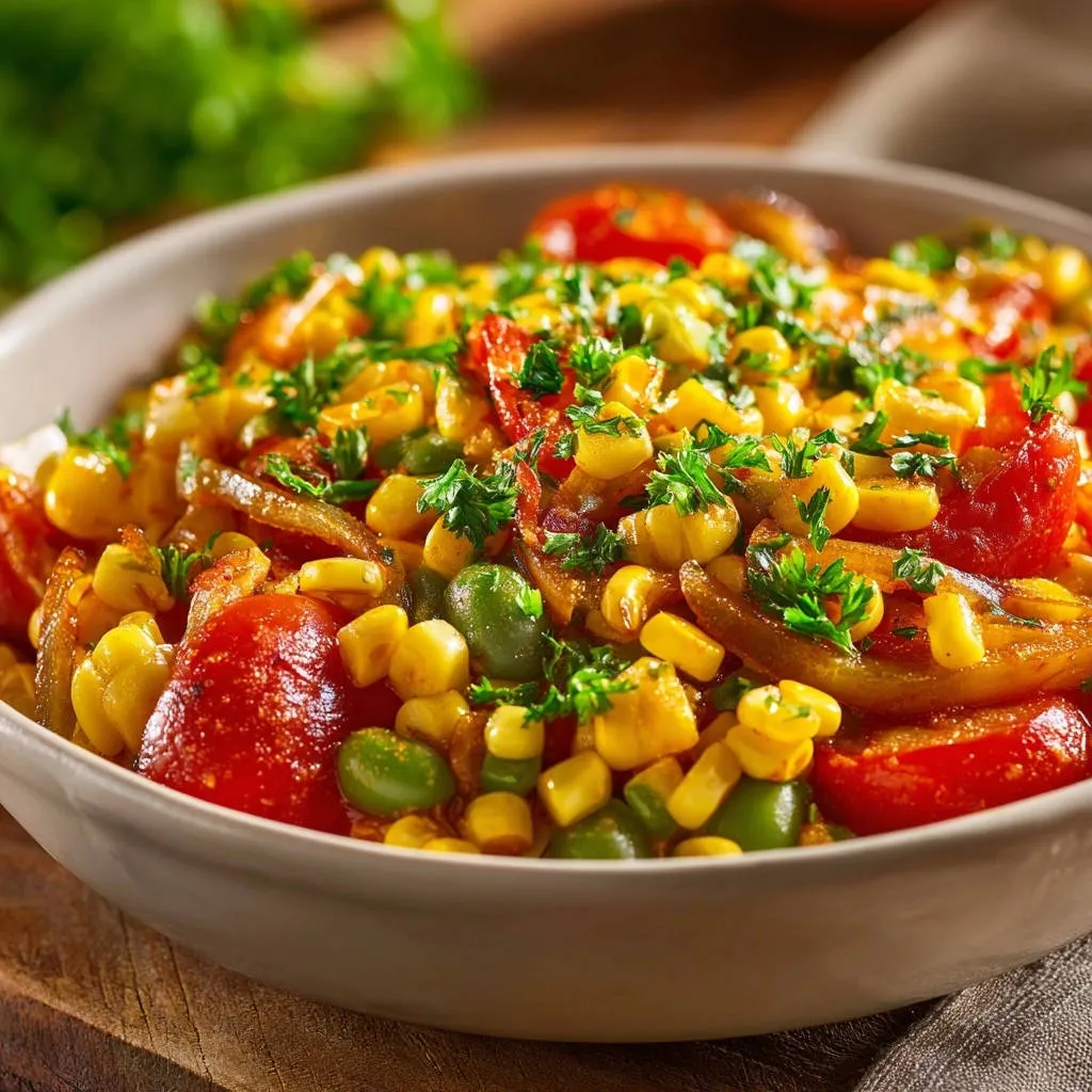 Classic Summer Succotash served in a bowl, showcasing a close-up view with fresh parsley garnish.