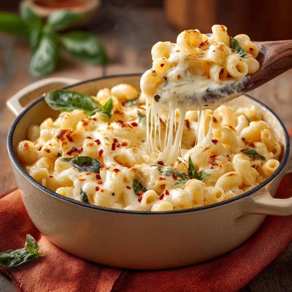 Sun-dried tomato basil mac and cheese featuring a creamy, stretchy cheese pull from a wooden spoon.