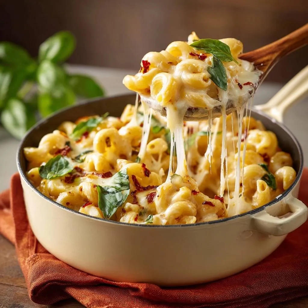 Sun-dried tomato basil mac and cheese with silky sauce, lifted with a wooden spoon showing gooey cheese pulls.