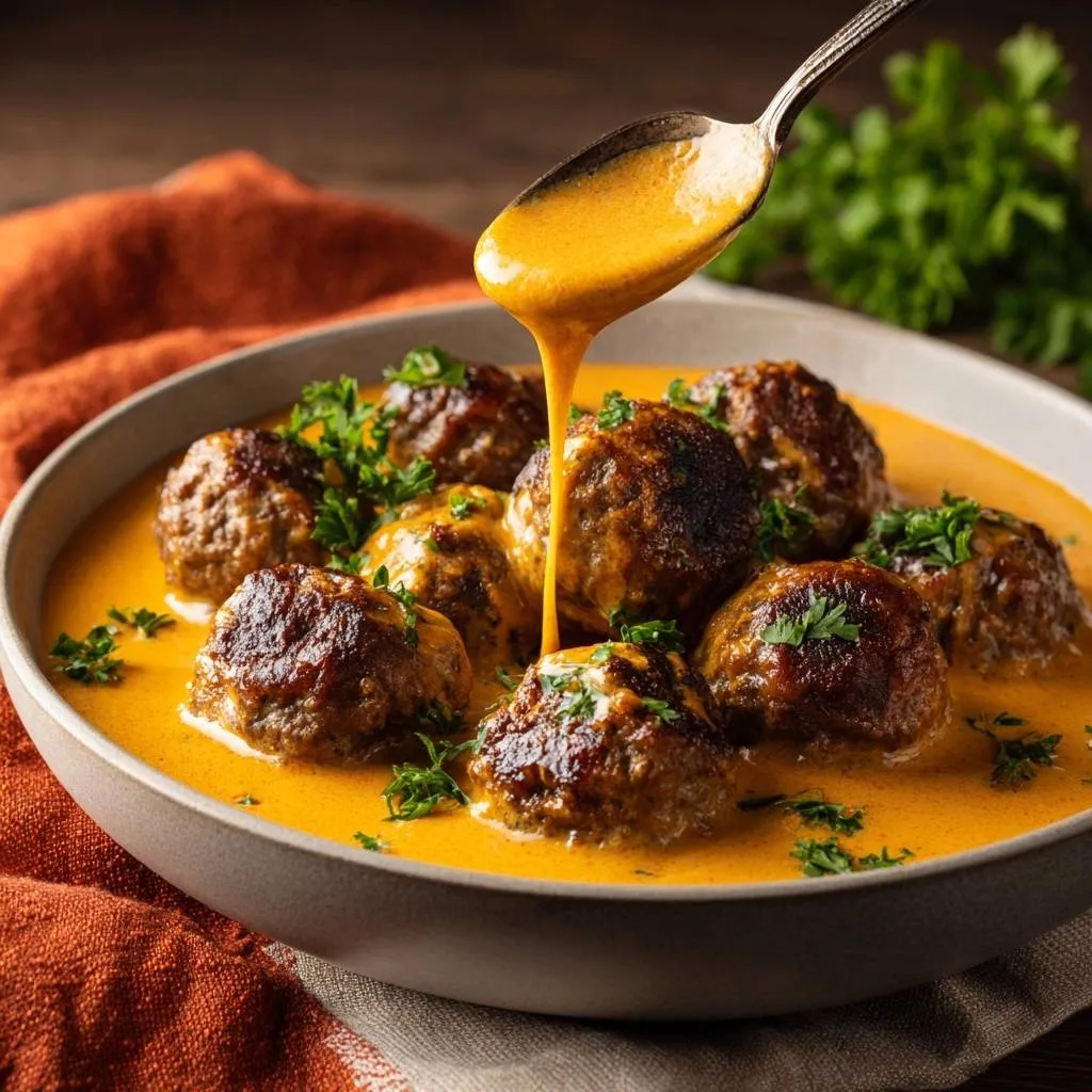Swedish meatballs in creamy sauce with a spoon drizzling more sauce over the top.