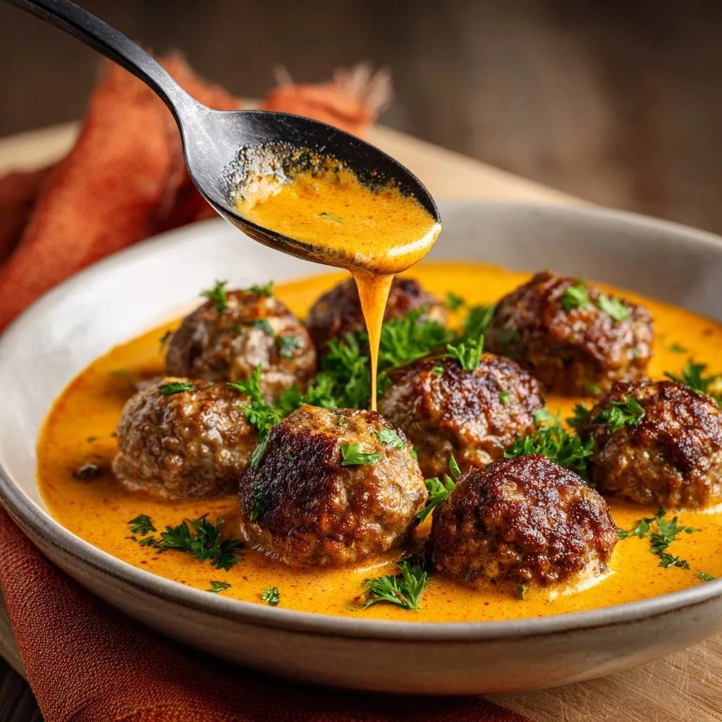 Swedish meatballs in creamy sauce with a spoon drizzling sauce from above.