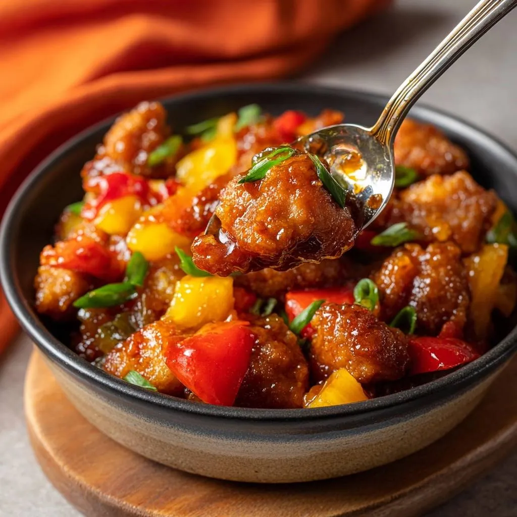 Sweet and sour pineapple chicken with a spoonful being lifted from the bowl, showing glazed pieces and vegetables.