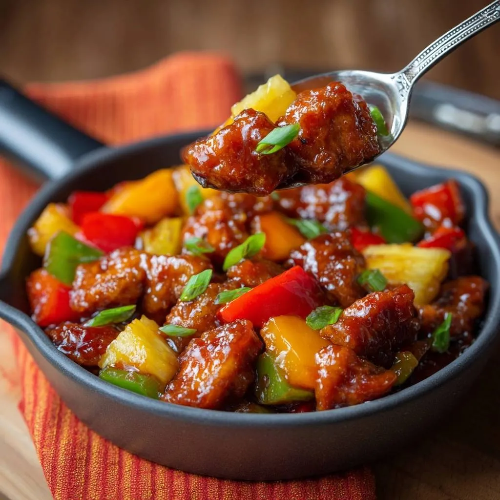 Sweet and sour pineapple chicken with crunchproof coating served on a spoon, showcasing the glossy glaze and colorful ingredients.