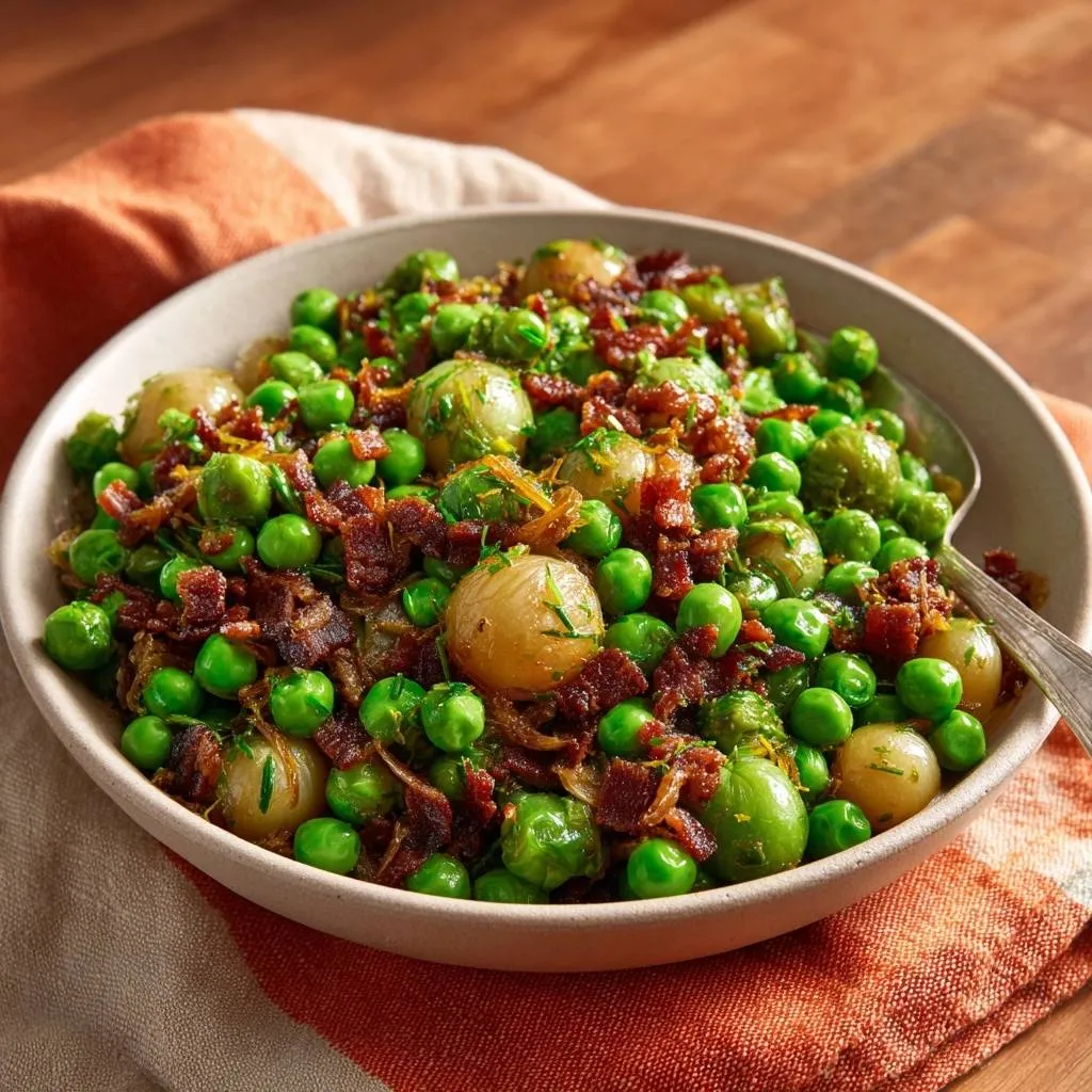 Tater tot hotdish with a close-up view showing peas, pearl onions, and crumbled bacon.