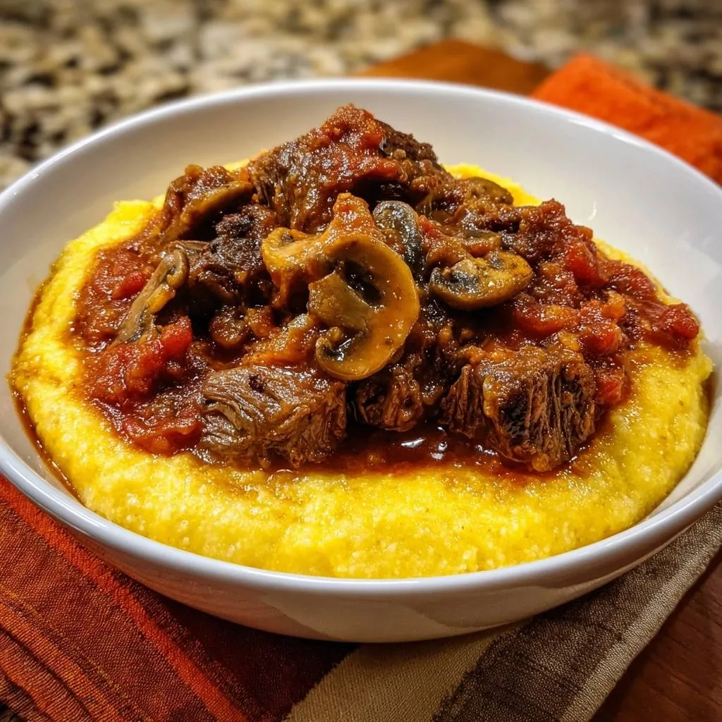 Tender beef and mushroom stew over creamy polenta, served in a white bowl, showing a close-up view of the rich texture.