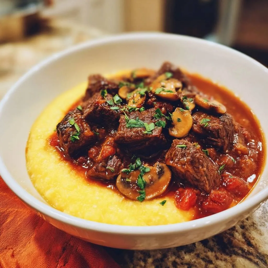 Tender beef and mushroom stew over creamy polenta, presented in a white bowl with a close-up view of the rich sauce and tender meat.
