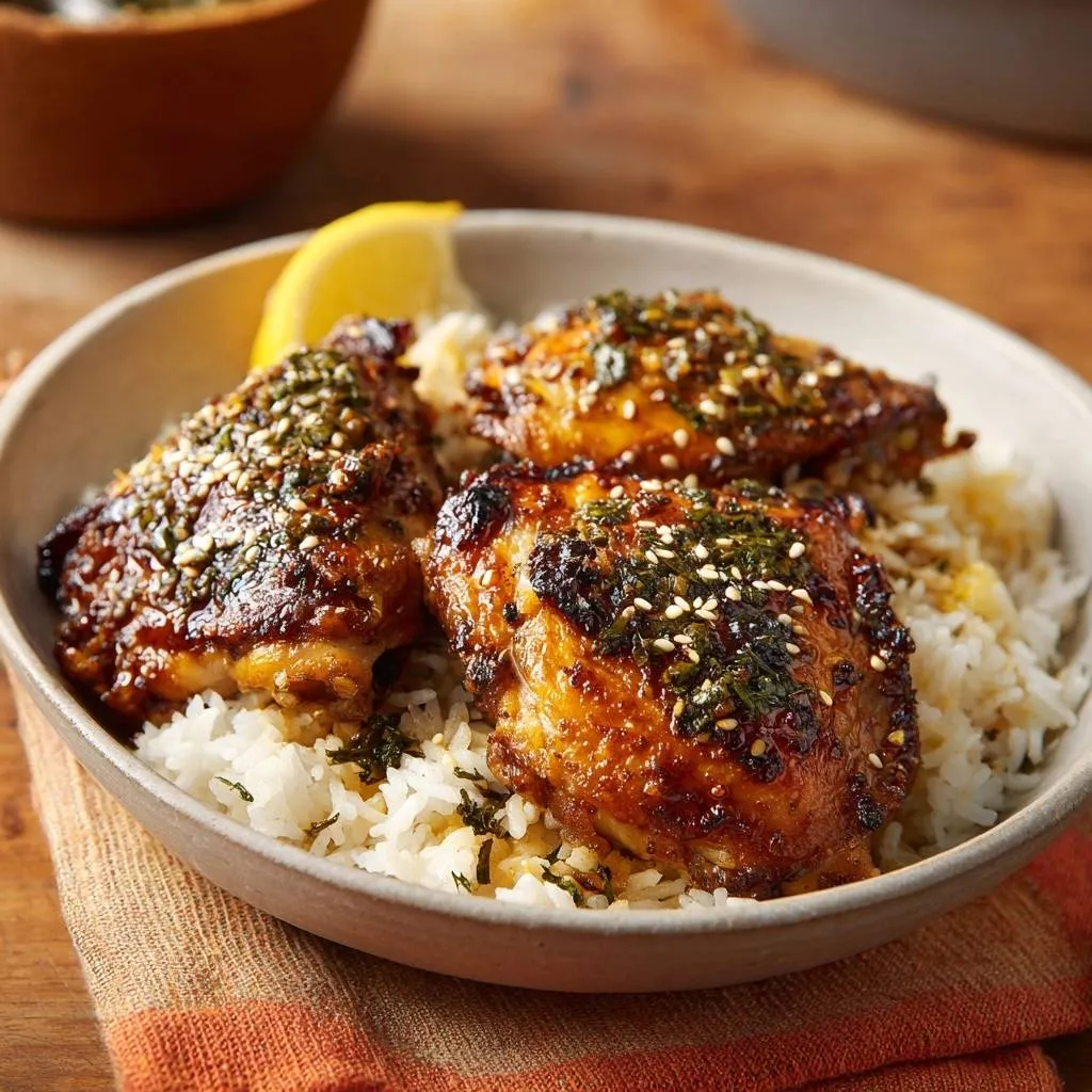 Teriyaki chicken thighs over rice with a glossy sauce, garnished with sesame seeds and herbs, in a bowl.