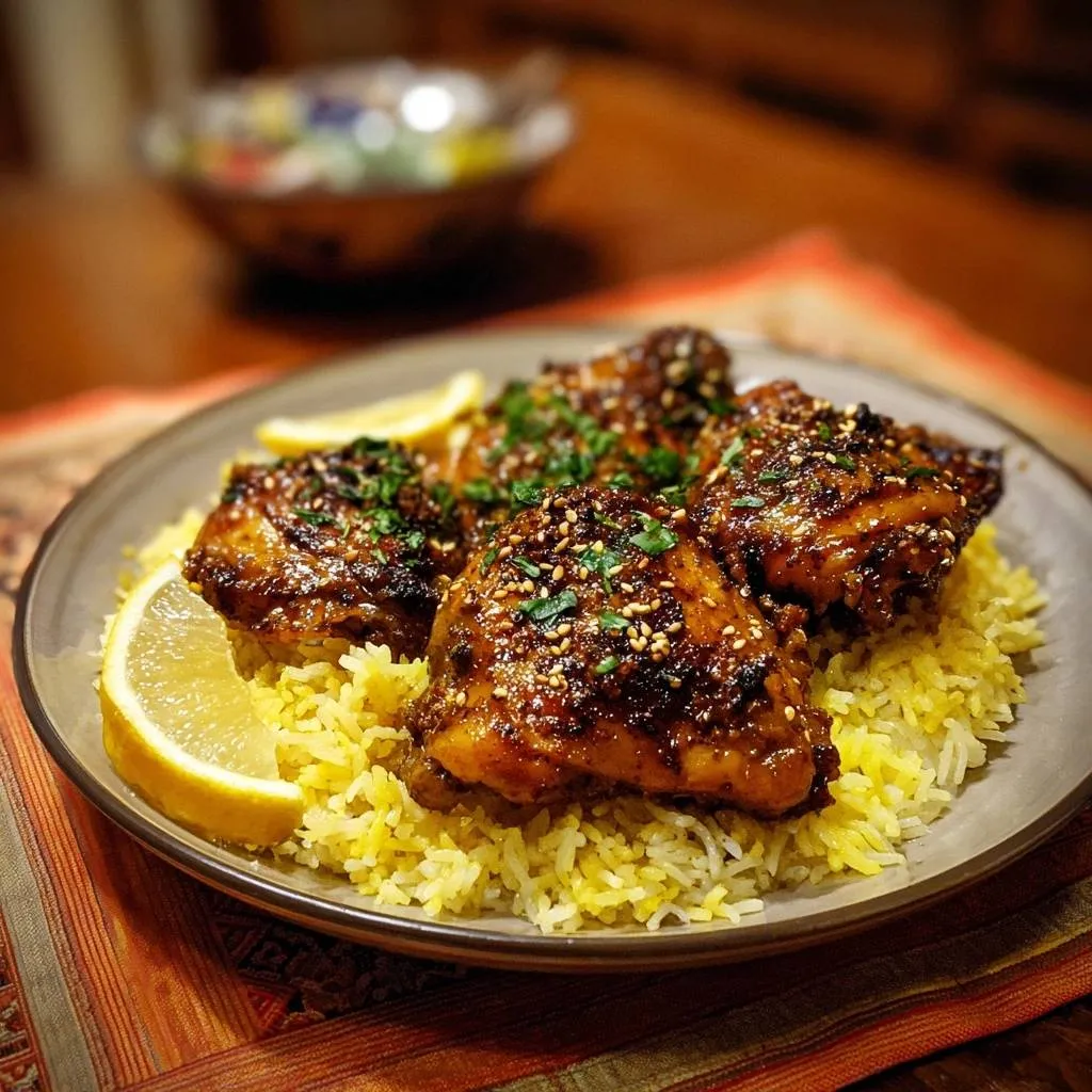 Teriyaki chicken thighs over rice on a plate, garnished with sesame seeds and lemon wedges.