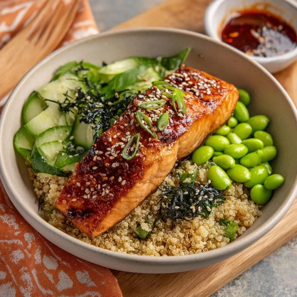 Teriyaki glazed salmon quinoa bowl with edamame, cucumber, and sesame seed garnish.