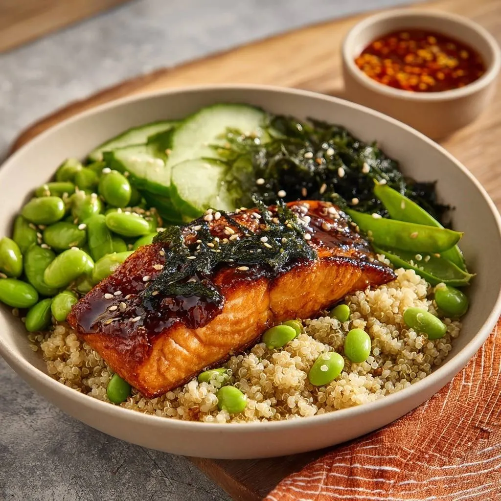 Teriyaki glazed salmon quinoa bowl recipe with a close-up view of the glossy glaze and seaweed topping.