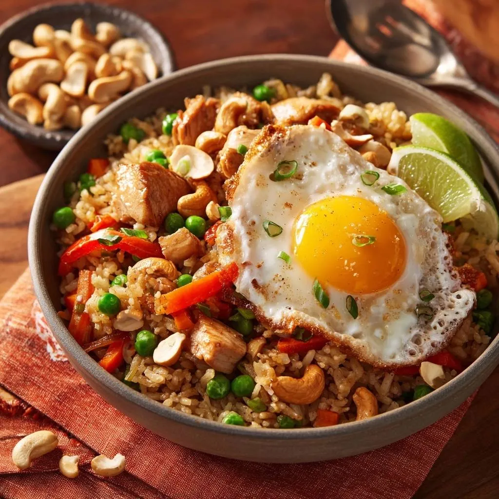 Thai chicken fried rice topped with a perfectly fried egg and served with lime wedges and cashews.