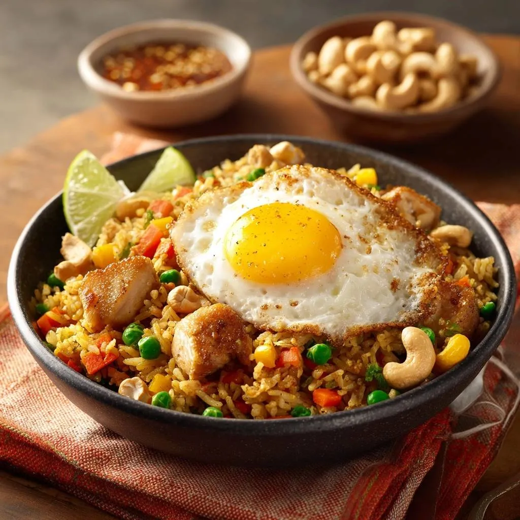 Thai chicken fried rice with a perfectly fried egg on top, garnished with lime and cashews.