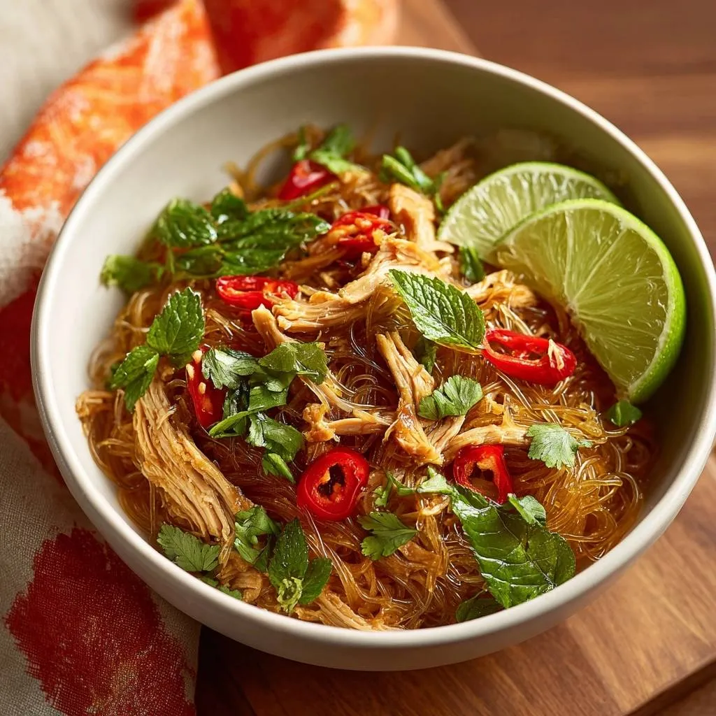 Thai lime chicken vermicelli bowl with shredded chicken, glass noodles, chili, mint, and lime garnish.