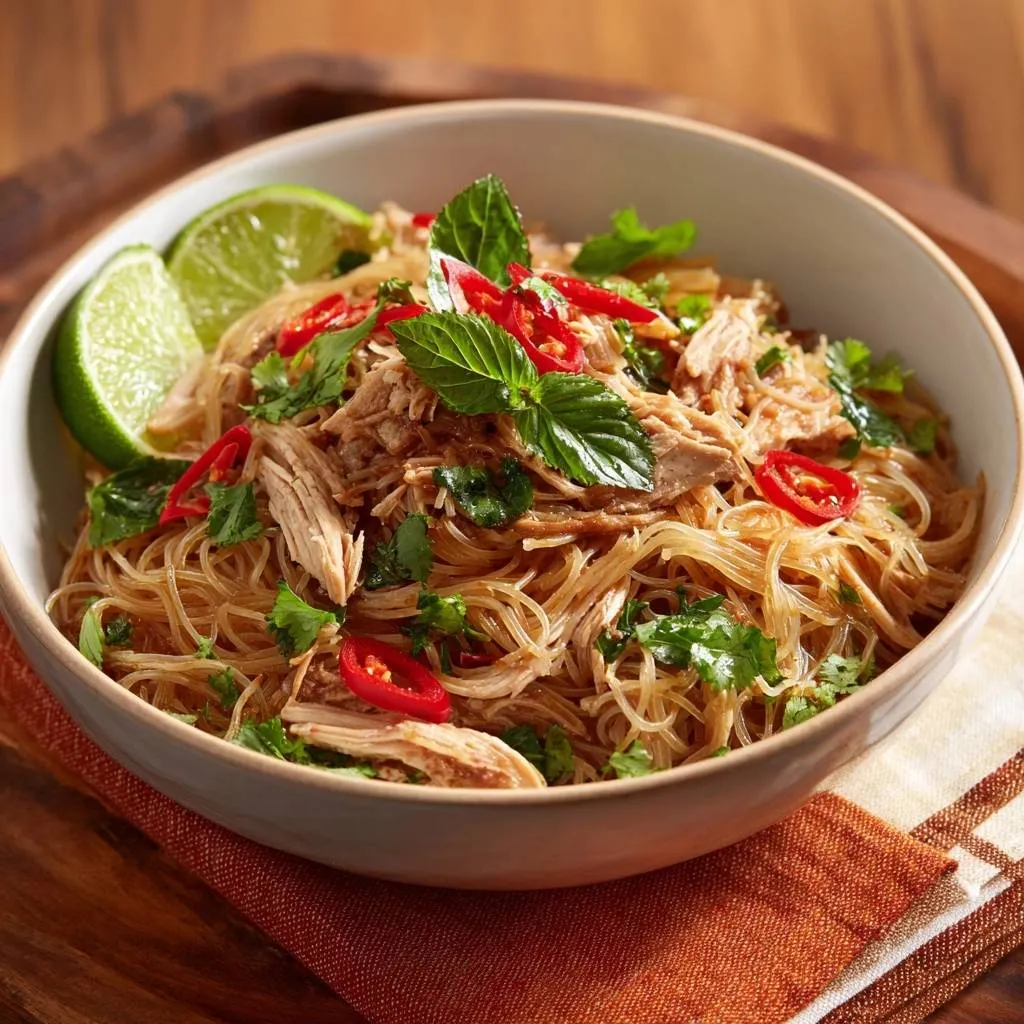 Thai lime chicken vermicelli bowl garnished with fresh mint, cilantro, and chili, presented in a bowl on a wooden surface.