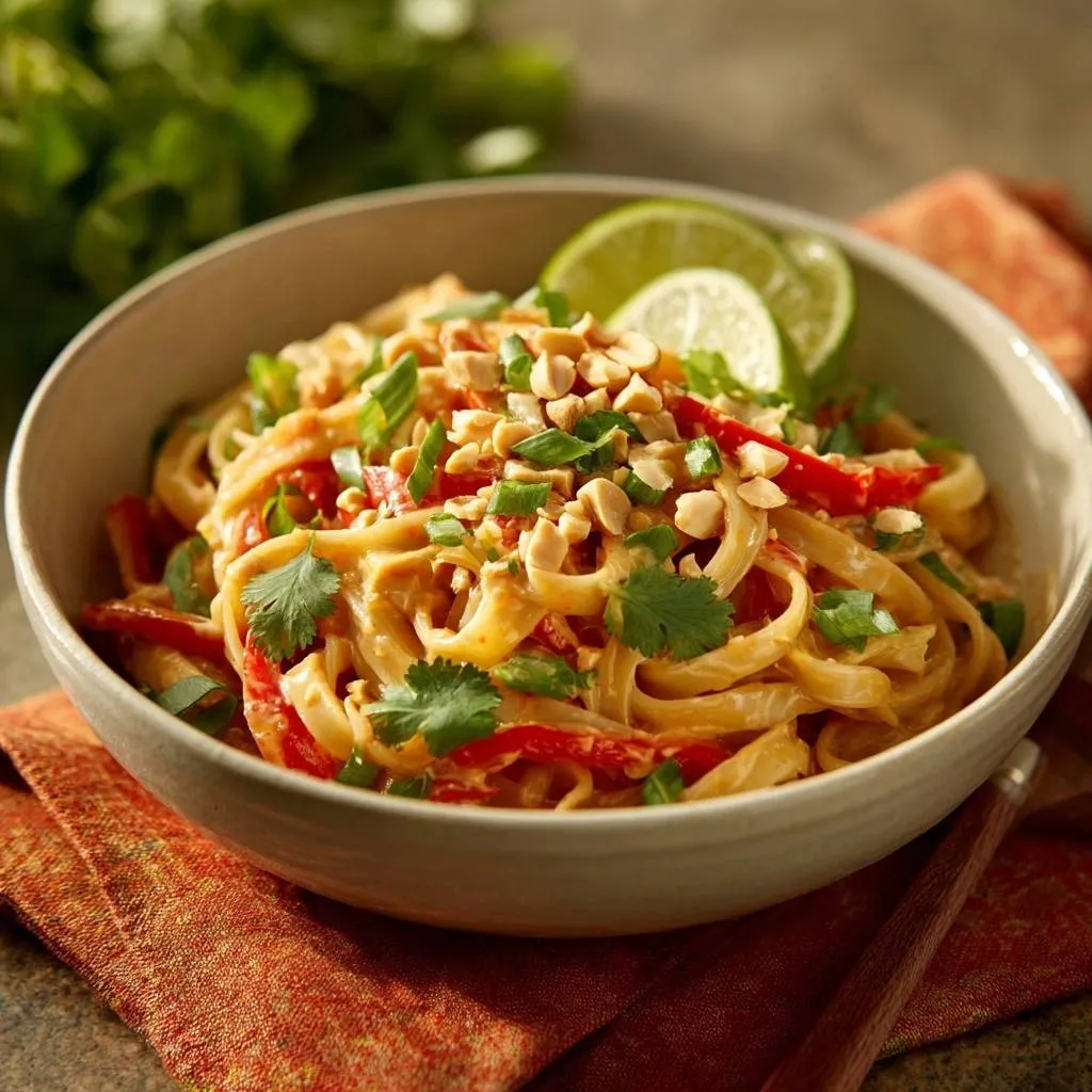 Thai peanut noodles with a generous topping of chopped peanuts, green onions, and fresh cilantro, served with lime wedges.