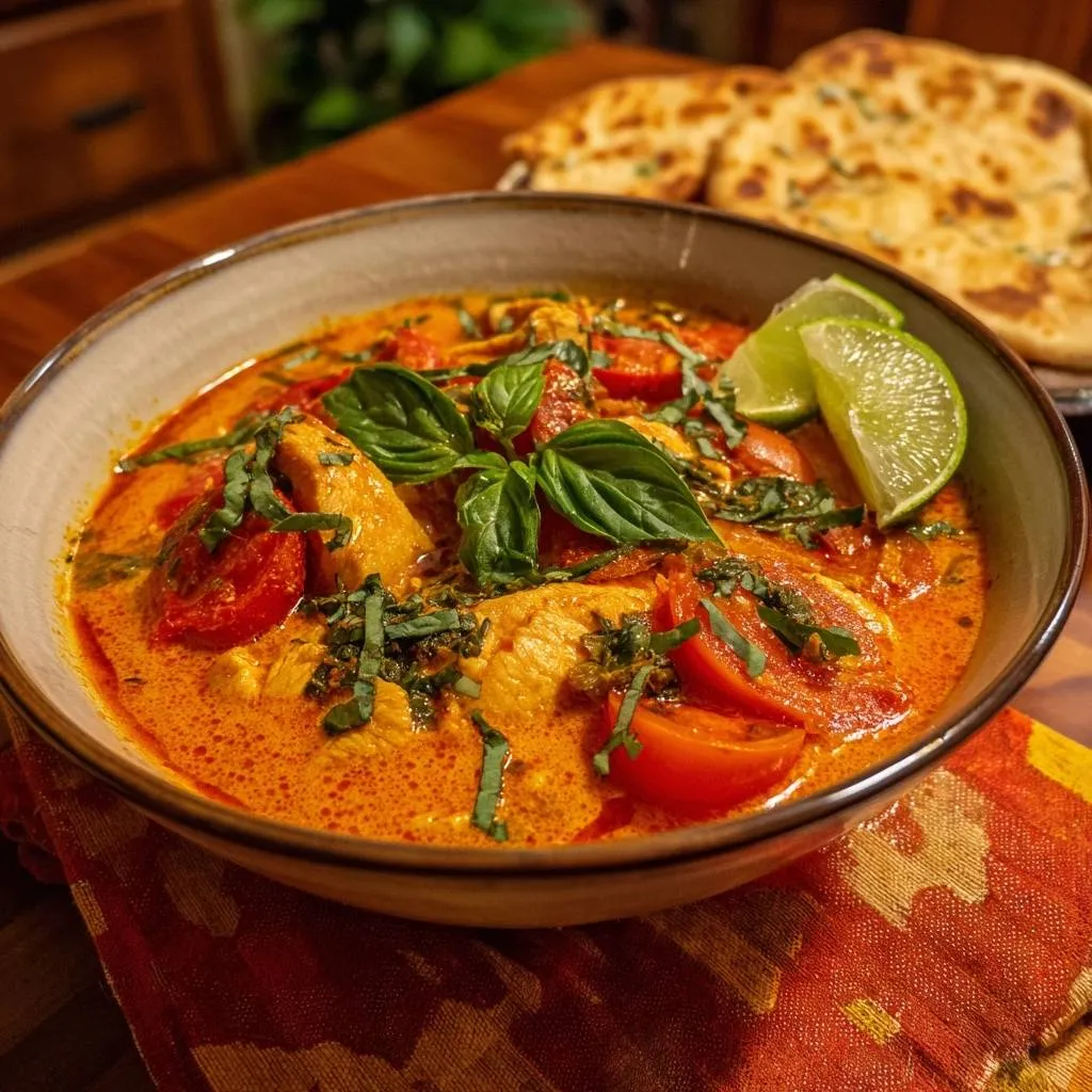 Thai red chicken curry served in a bowl with fresh basil and lime, with naan bread in the background.